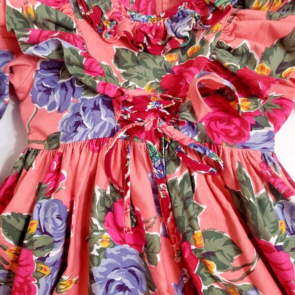 Mousefeathers Vintage Girl Toddler Dress Size 2 Floral long Sleeve Ruffles Ties - Picture 9 of 12